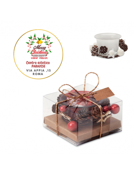 Portacandele in vetro con decorazioni natalizie